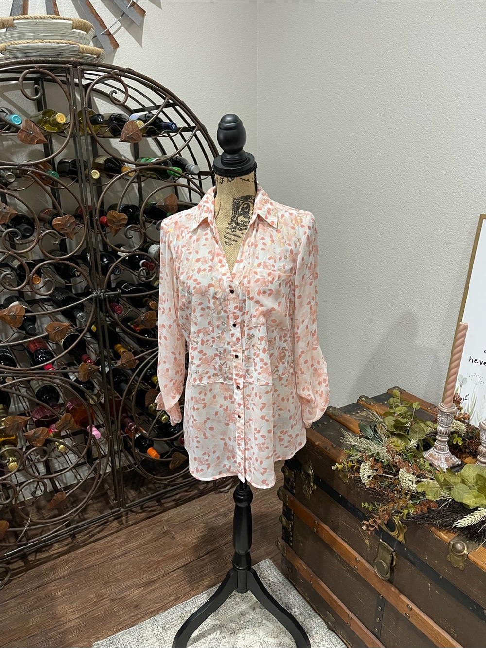 Candie's Peach Floral Button-Up Blouse
